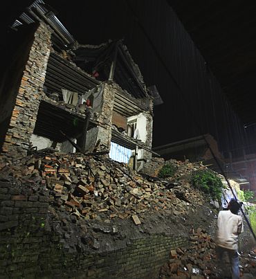 A house, that has been destroyed by the 6.8 magnitude earthquake that struck Sikkim and Nepal, is seen in Bhaktapur