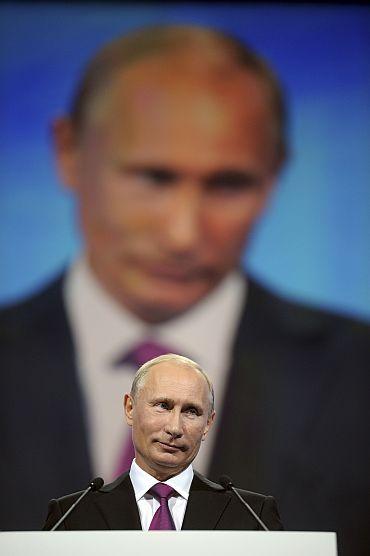 Russia's Prime Minister Putin delivers a speech during the United Russia congress in Moscow on Saturday