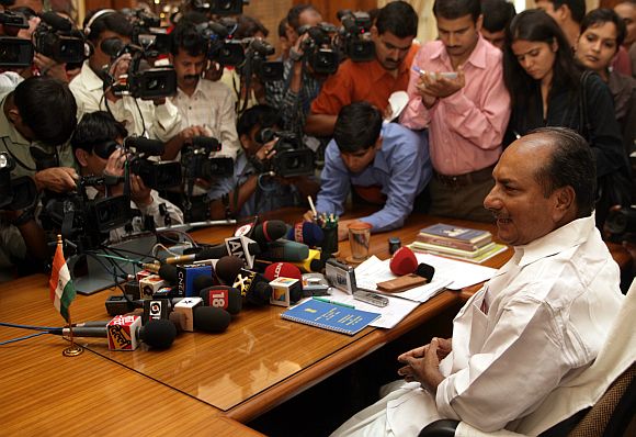File picture of Defence Minister A K Antony speaking to mediapersons in New Delhi