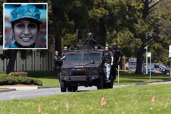 Police officers on an armoured vehicle survey the scene of a shooting at Oikos University in Oakland, California April 2. Inset: Dawinder Kaur