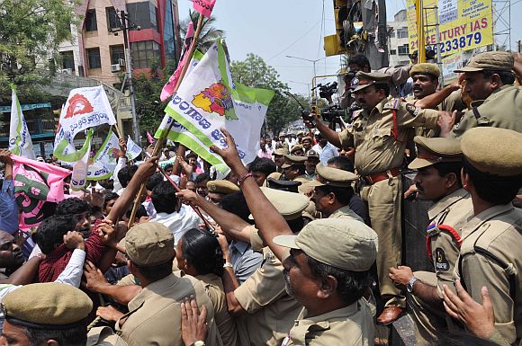 Telangana protestors clash with police during a rally in Hyderabad