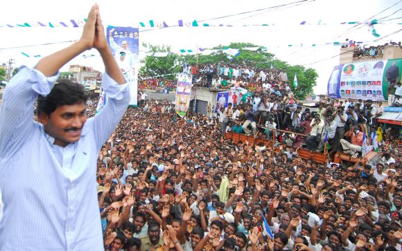 YSR Congress chief Jaganmohan Reddy greets people as part of his Odarpu Yatra. The Kadapa MP has provided financial help to the families of some of the people who committed suicide following the sudden death of his father YSR Reddy.