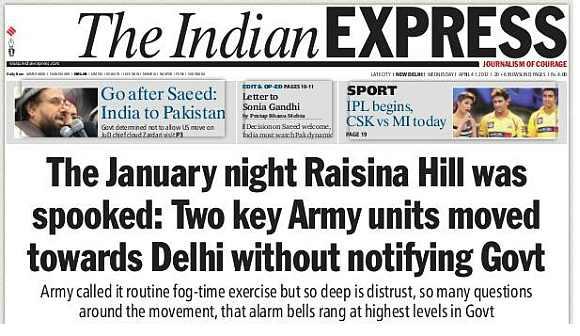 The front-page report of The Indian Express that two units of the Indian Army moved towards Delhi on January 16, 2012