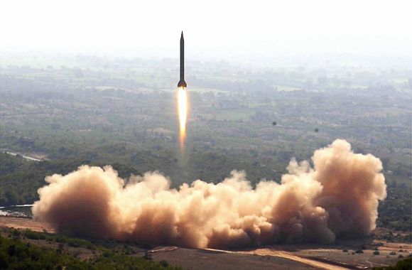 Pakistan's Ghauri Hatf V Intermediate Range Ballistic Missile takes off during a test flight from undisclosed location