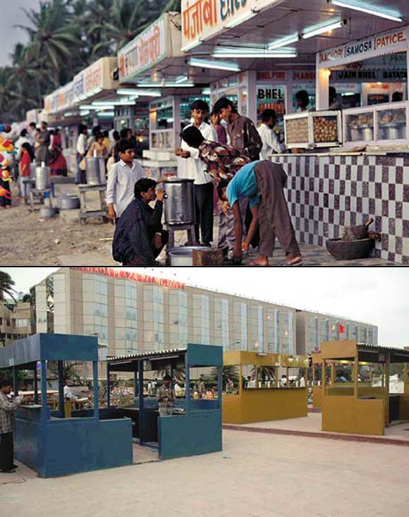 (Above) Stalls such as these lined the sandy beach. Many of these were illegal. (Below) After the restoration, the hawkers were given separate space, their stalls legalised
