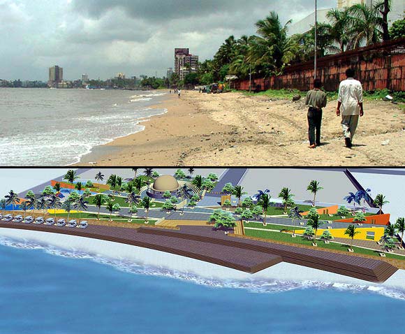 (Above) The Dadar-Prabhadevi beach where a beach nourishment plan is underway. (Below) The beach as it could look after the completion of the nourishment plant
