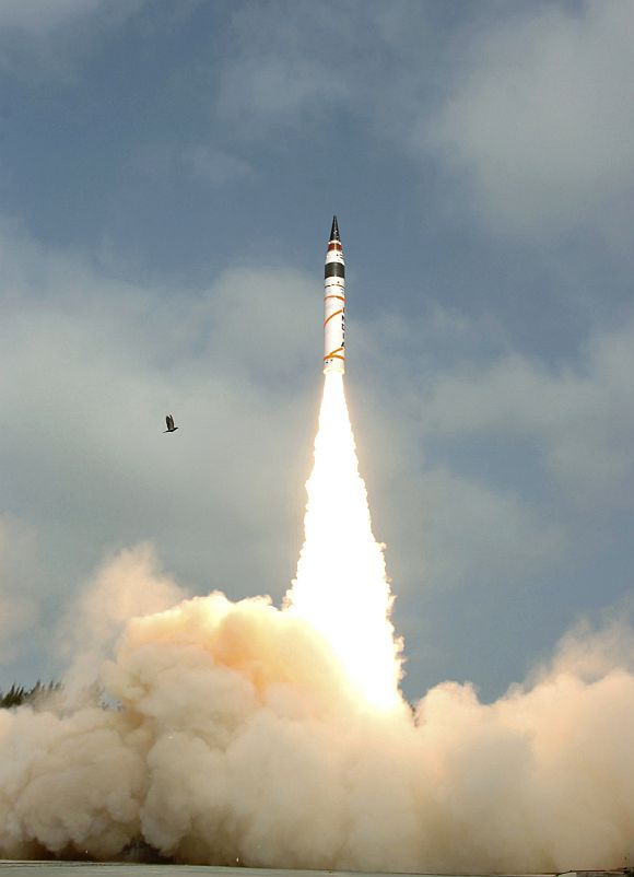 Surface-to-surface Agni V missile is launched from the Wheeler Island off Odisha coast on Thursday