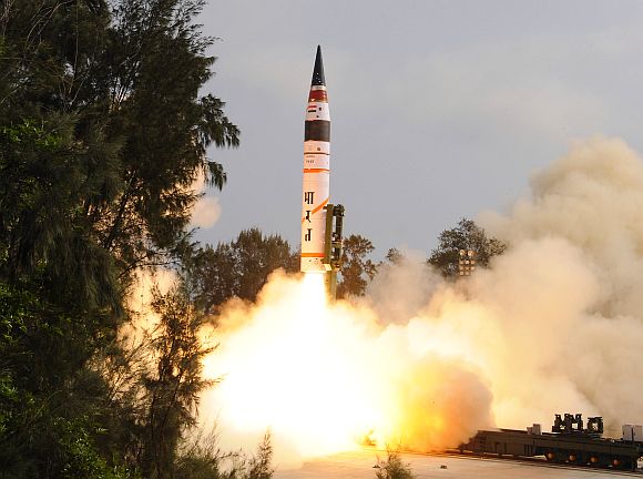 5000 km range surface-to-surface Agni V missile is   launched from the Wheeler Island off Odisha on Thursday