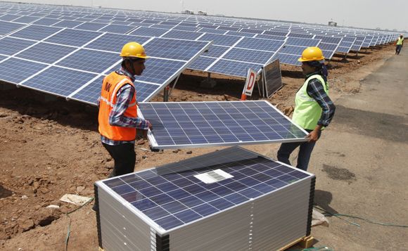 A file photograph of the Gujarat solar park being set up. 