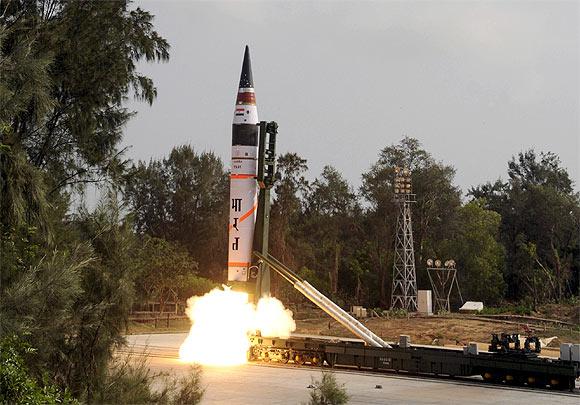 Surface-to-surface Agni V missile is launched from Wheeler Island off Odisha