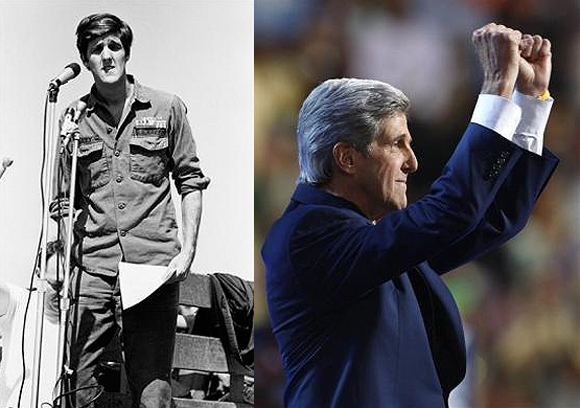 John Kerry in 1970 (L); U S Senator John Kerry now.