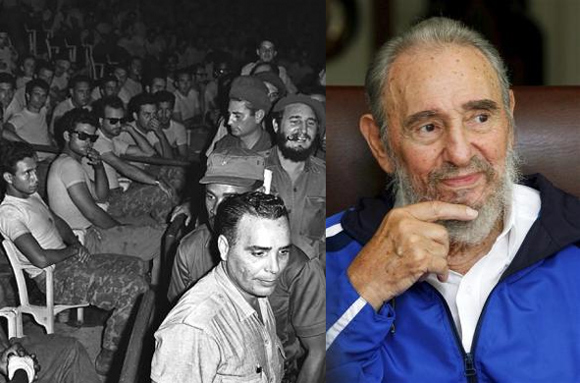 Cuban President Fidel Castro (3rd row, R) in 1961; Former Cuban leader Fidel Castro now