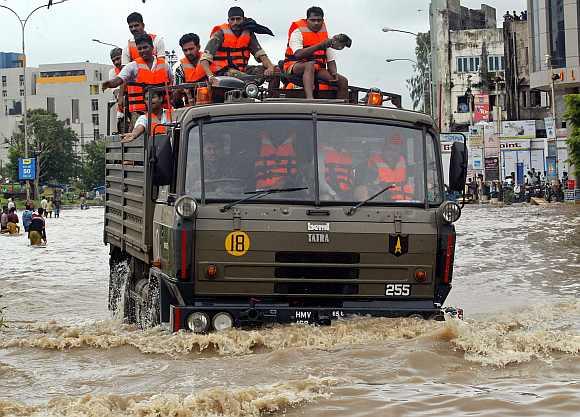 Indian Army soliders during a flood rescue operation in Surat