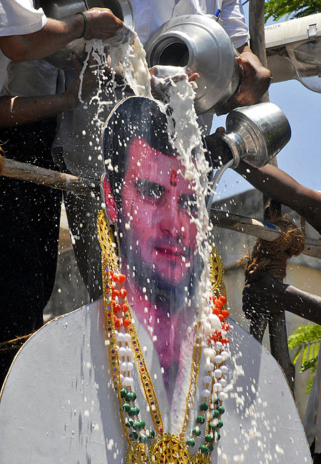 Party workers pour milk on Rahul Gandhi's cut-out