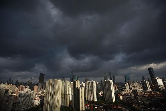 Dark clouds cover the sky in downtown Shanghai