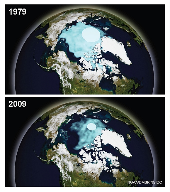 A combination of the National Oceanic and Atmospheric Administration images show September Arctic sea ice in 1979, the first year these data were available, and 2009 in this image from a report released in 2010