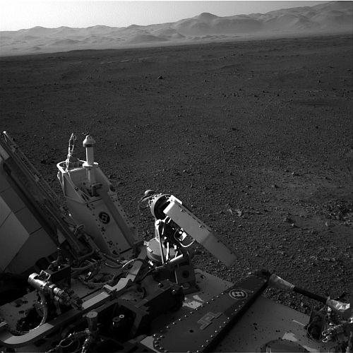 This full-resolution image shows part of the deck of NASA's Curiosity rover taken from one of the rover's Navigation cameras looking toward the back left of the rover