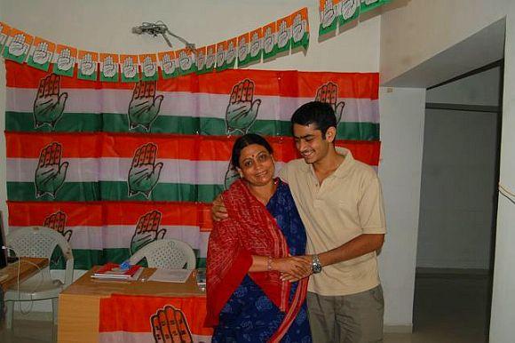 Shweta Bhatt with her son after a hectic day of campaigning in Ahmedabad