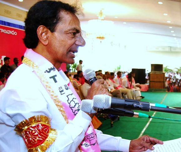 Telangana Rastra Samithi chief K Chandrasekara Rao speaks to his supporters