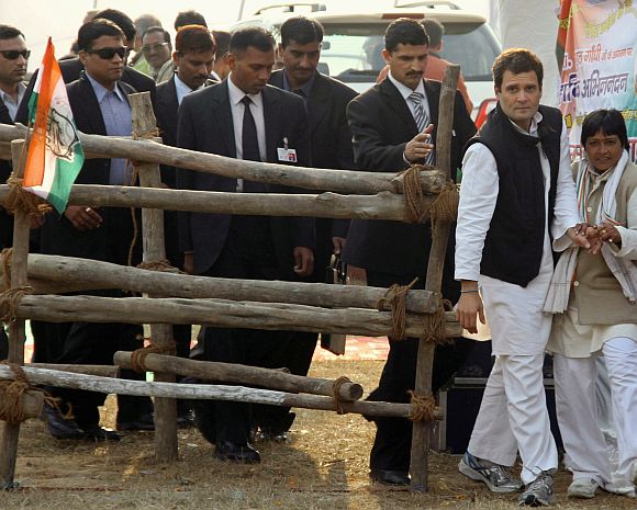 Congress General Secretary Rahul Gandhi arrives to address a campaign rally in Gorakhpur, UP