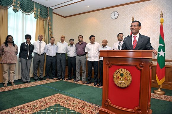 Then Maldives President Mohamed Nasheed announcing his resignation, February 2012.