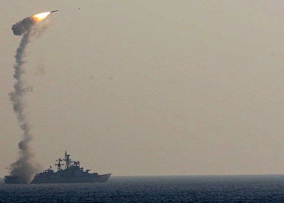 Supersonic missile Brahmos takes its signature trajectory as it is launched from an upgraded Ranvir Class ship, during naval exercise TROPEX-2012