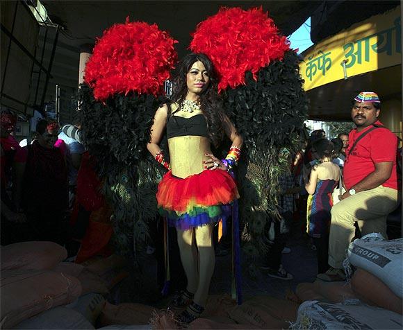 A participant poses during Queer Azaadi parade, an event promoting gay, lesbian, bisexual and transgender rights in Mumbai