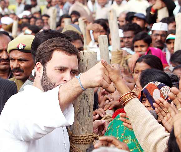 Rahul interacts with his supporters after a election rally in Rae Bareli