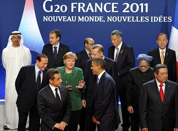 PM Singh with other global leaders at the G20 Summit of major world economies at Cannes in France on November 3, 2011