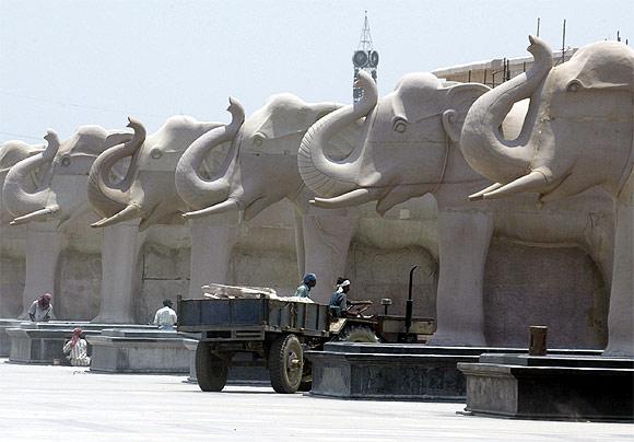 Elephant statues made of stone inside the Ambedkar memorial park in Lucknow