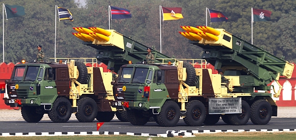 The Indian Army's Pinaka multi barrel rocket launcher systems are displayed during the Army Day parade in New Delhi