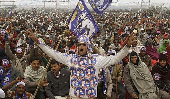 A Mayawati supporter during an election rally in Lucknow