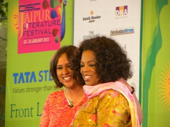 Oprah Winfrey with Barkha Dutt at the Jaipur Lit Fest on Sunday