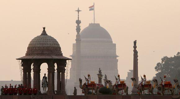 Indian military bands sound the retreat at the Beating the Retreat ceremony in New Delhi