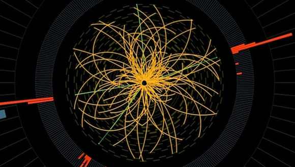 A rendering from the LHC that might represent a decaying Higgs boson