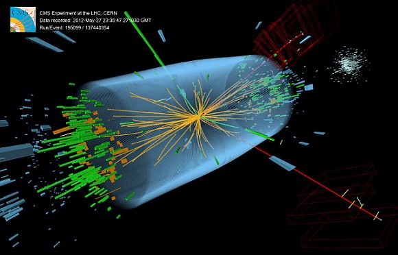 A graphic showing traces of two high-energy photons measured at CERN