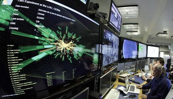 A graphic showing a collision at full power is pictured at Large Hadron Collider at CERN near Geneva