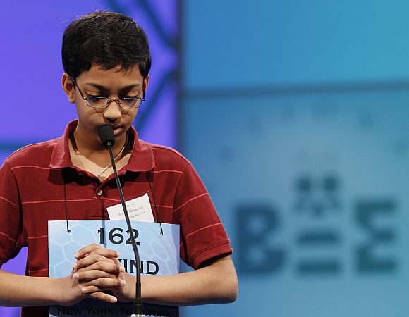Arvind Mahankali of Bayside Hills, New York struggles with his word during the Scripps National Spelling Bee semi-finals