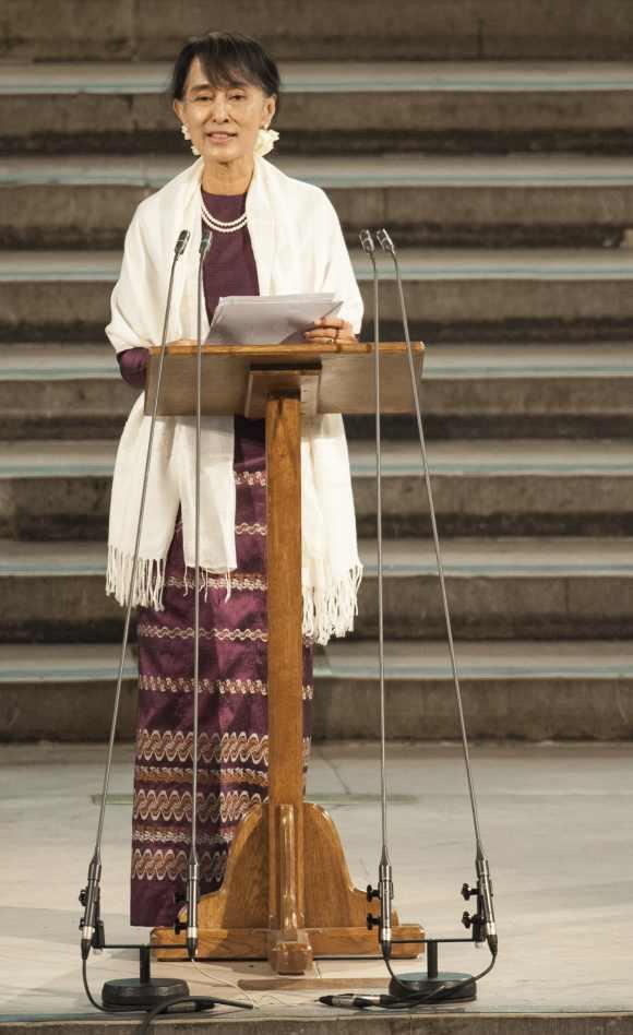 Myanmar pro-democracy leader Aung San Suu Kyi delivers an address to both Houses of Parliament, in Westminster Hall, in the Houses of Parliament, central London