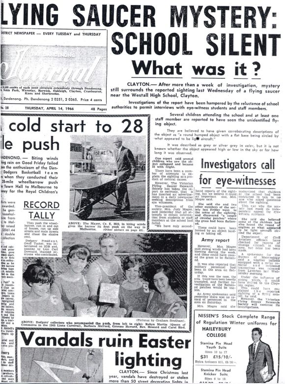 The Westall encounter incident featuring on the front page of the Melbourne news paper 'Dandenong Journal' on April 14, 1966