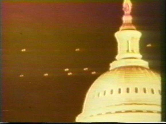 A photograph of the alleged UFOs over the Capitol building in Washington, DC, in July, 1952.