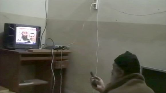 Video frame grab of Osama bin Laden watching him on television in videos at his Abbottabad compound released by the Pentagon