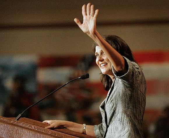 South Carolina's Governor Nikki Haley waves to supporters