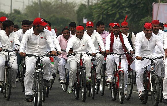SP state president Akhilesh Yadav on a cycle yatra ahead of the UP polls