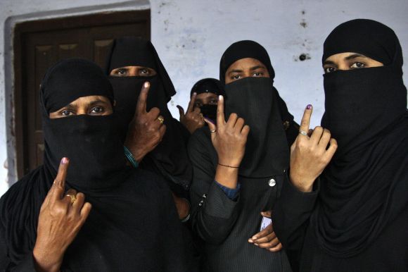 Muslim women after casting their votes in Basti, UP