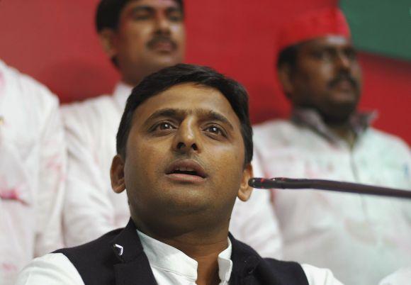 Akhilesh Yadav speaking to mediapersons at the SP headquarters in Lucknow