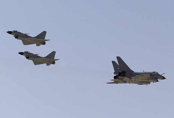 J-10 fighter jets of China Air Force fly at Yangcun Air Force base on the outskirts of Tianjin municipality