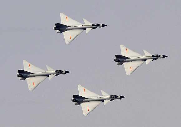 J-10 fighter jet aerobatic team of China Air Force fly in formation