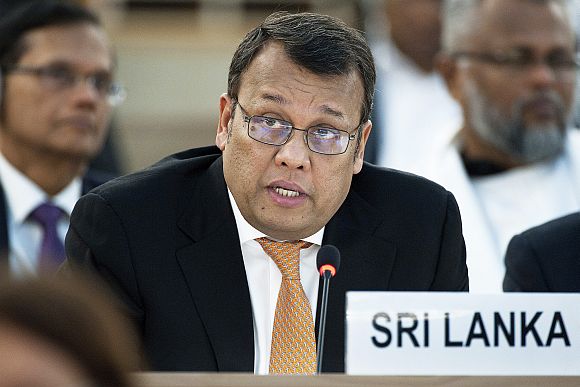 Mahinda Samarasinghe, Sri Lankan minister of plantation industries, addresses a meeting of the Human Rights Council on his country. By a vote of 24 in favour, 15 against and 8 abstentions, the Council adopted a resolution urging Sri Lanka to investigate potential human rights abuses committed during its 26-year-long civil war