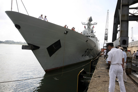 Chinese People's Liberation Army Navy's guided missile frigate FFG Zhoushan docks at the Tanzanian port